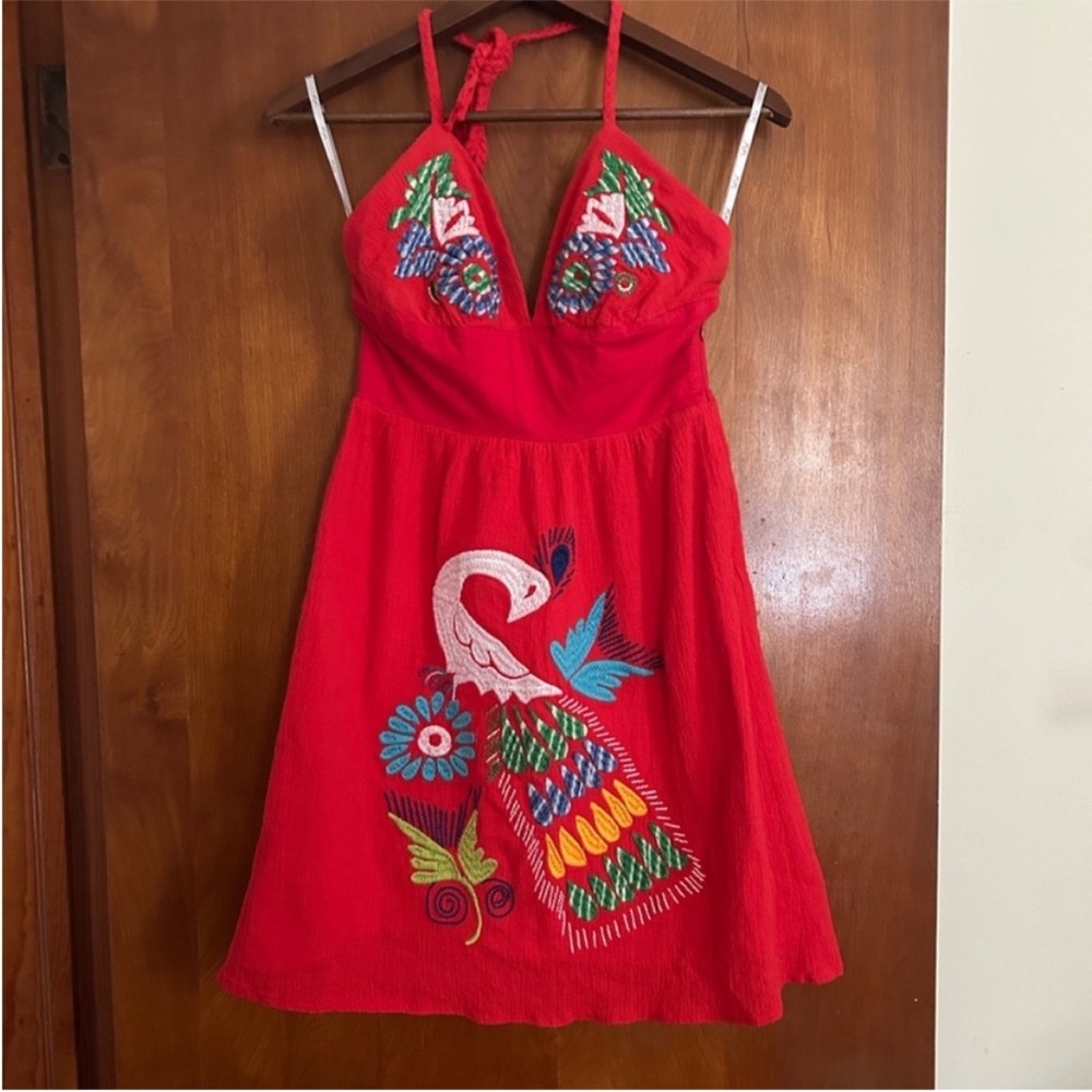 VaVa by Joy Han Embroidered Cotton Halter Dress | Boho Folk Bird Motif Red | Sm